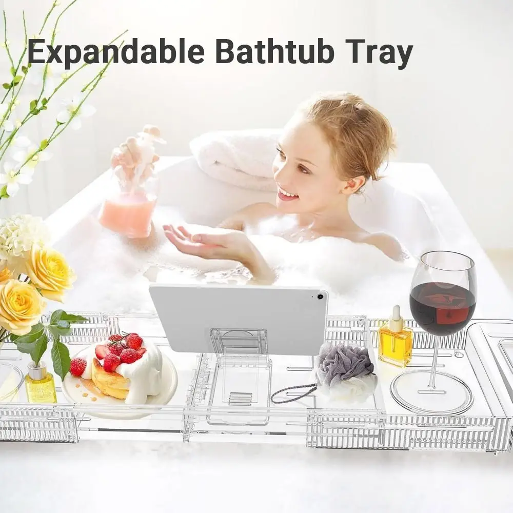 

Anti-Slip Expandable Bathtub Tray Adjustable Length with Handles Drain Bath Tub Shelf Foldable with Phone Holder