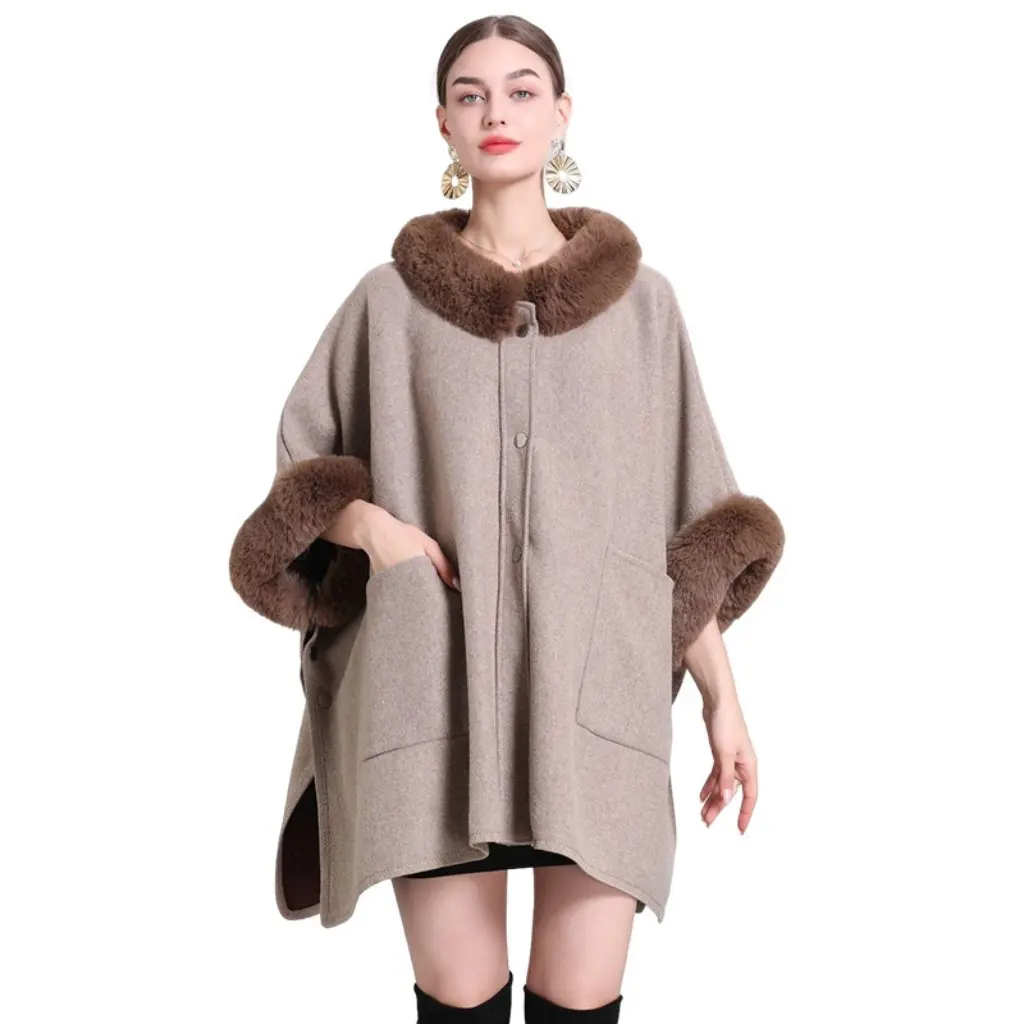 

Women's Large Size Knitted Cardigan with Rex Rabbit Fur Collar Cape Shawl Loose Pocket Woolen Coat Imitation