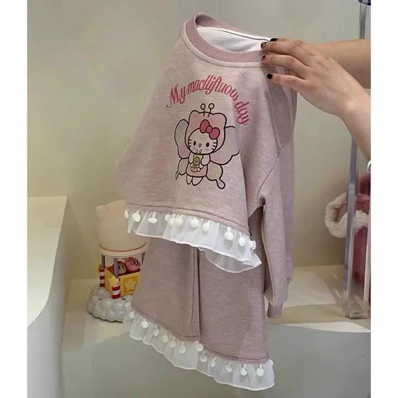 Sanrio Hello Kitty terno dos desenhos animados para meninas, calças de renda, gola superior, roupa bonito, estilo estrangeiro, rosa, outono, novo