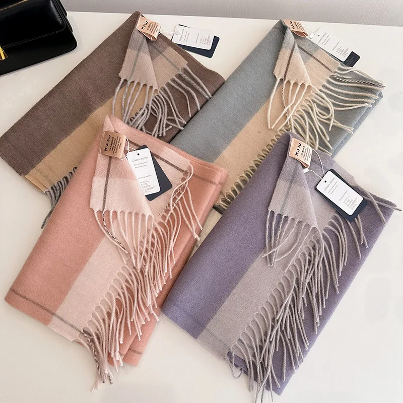 100% Wool Scarf Winter 2023 New Winter Cashmere Solid Color Pashmina Tassel Scarf Wraps Women Girls Her Thicken Warm Shawl Wrap