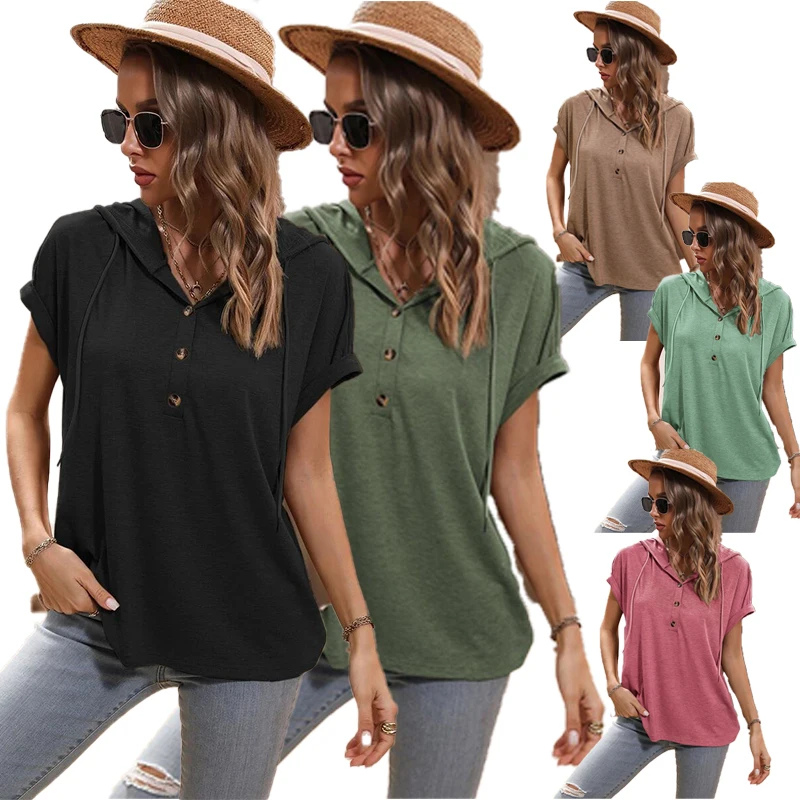 

Women Summer Cotton Hooded T-shirts New Arrival Summer Simple Style Solid Color Loose Female Casual Tops Tees