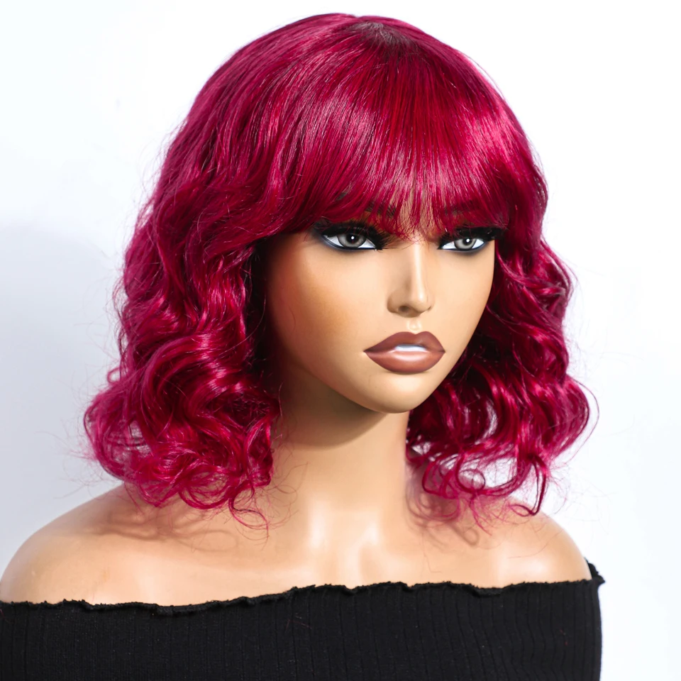 Lekker vermelho curto onda profunda encaracolado bob 100% perucas de cabelo humano com franja para mulheres cabelo remy brasileiro colorido 12 "perucas cosplay