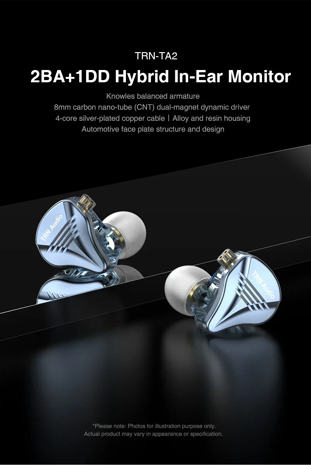 TRN TA2 HiFi Audio Triple Hybrid Driver(1DD+2 Knowles BA) Earphone IEM Metal Shell with Detachable Headset Running Headphone