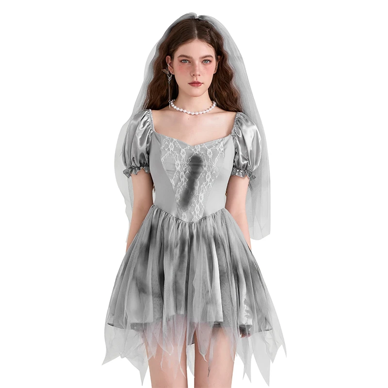 Women Dead Bride Costume Sweetheart Neck Short Sleeve Corset Dress Mesh Headband for Halloween Cosplay