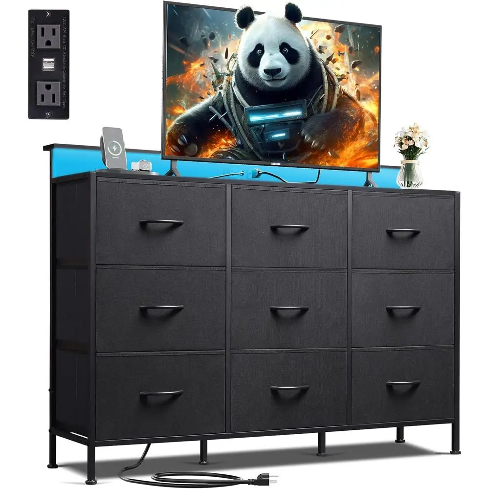 Black Drer TV Stand or 45, 50, 55 inch TV, Entertainment Center with LED Lights & Charging Station, Chest o ders with 9 abric De