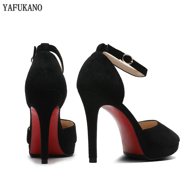 Sexy Platform High Heels Thin Heels Pointed Toe Women Single Shoes Word Buckle Pumps Mid Hollow Solid Flock Work Shoe Size 32 33