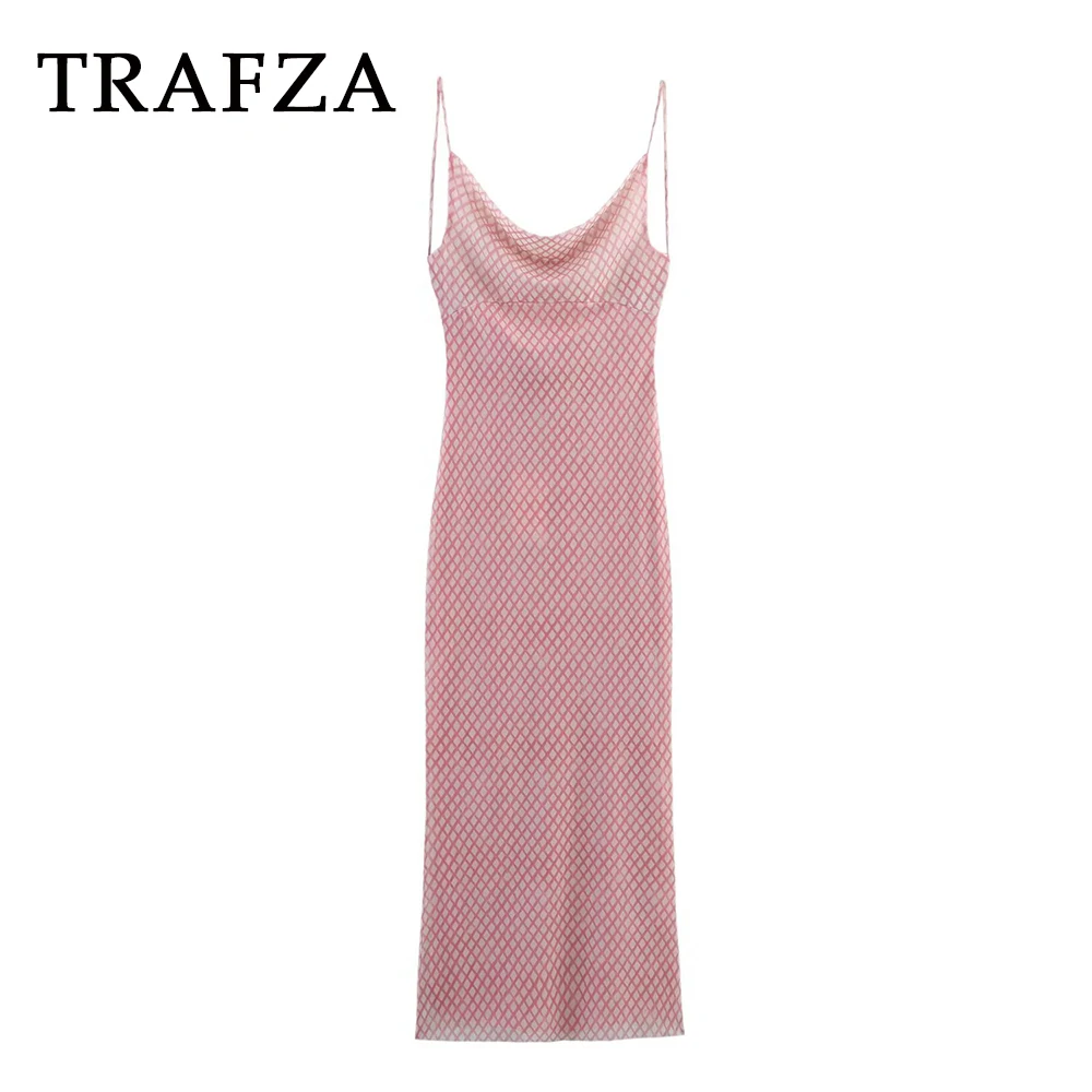 

TRAFZA Chic Pink Plaid Pleated Woman Dress Cami Long Pleated Sheath Holiday Dress Fashion 2025 Summer Beach Sexy Mujer Vestidos