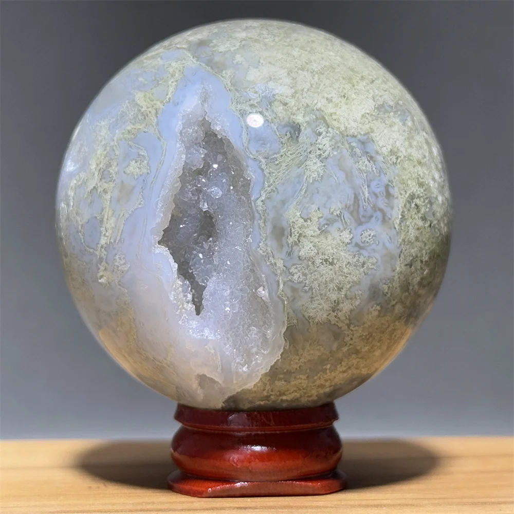 Boule de cristal en agate mousseuse de quartz minéral naturel, ornements porte-bonheur Feng Shui pour la maison, gemme de méditation spirituelle et de guérison Reiki + base