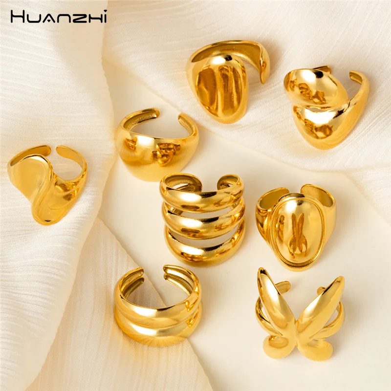 HUANZHI New Design Irregular Gold Color Rings Stainless Steel Not Fading Punk Chunky Vintage Jewelry for Women Men