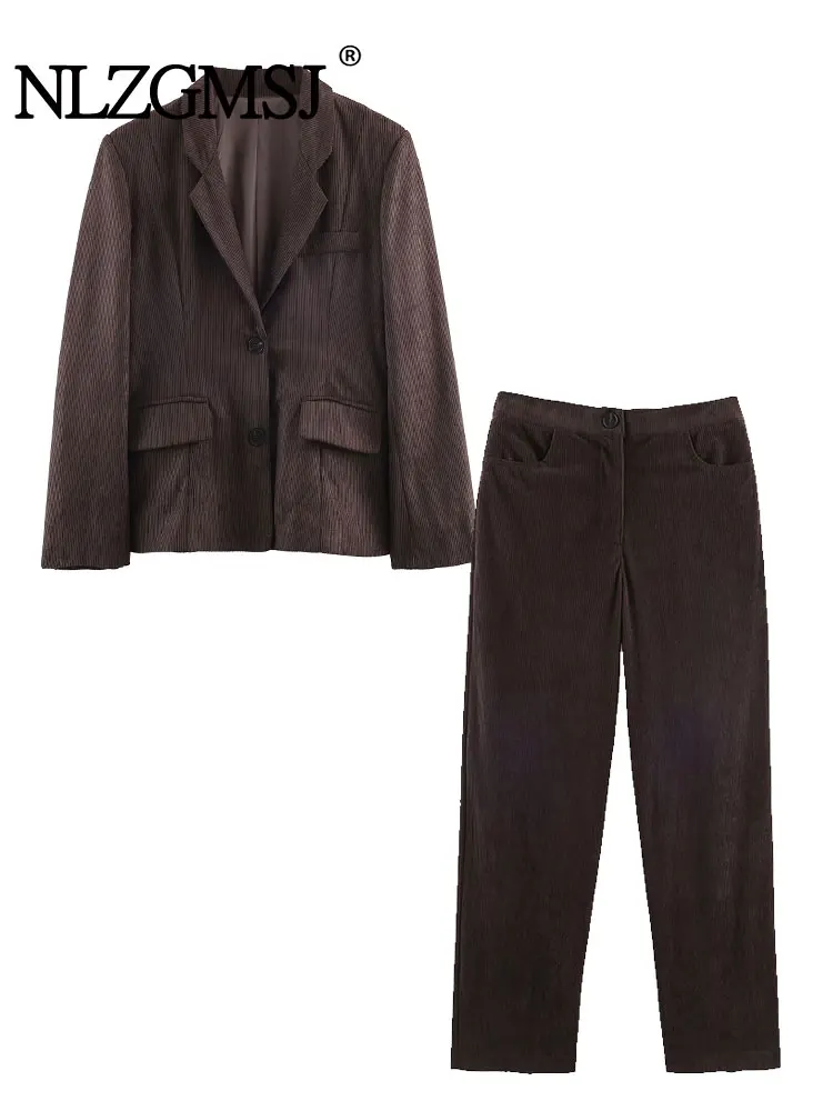 Nlzgmsj 2026 Office Lady Chic Brown Women Blazer Suits Long Sleeve V Neck Corduroy Blazer High Waist Leg Pants Fashion Suits