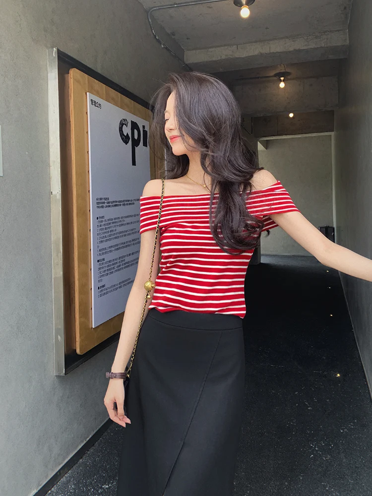 

Bigyu Slim Fit ort Sve футболка женская новая летняя тонкая трикотажная футболка из ледяного шелка Baring Neline Top корейский Sle Commute