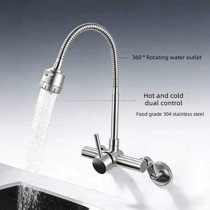 

Flexible wall-mounted kitchen sink faucet with 360° swivel spout, multi-purpose kitchen hot and cold water mixer tap
