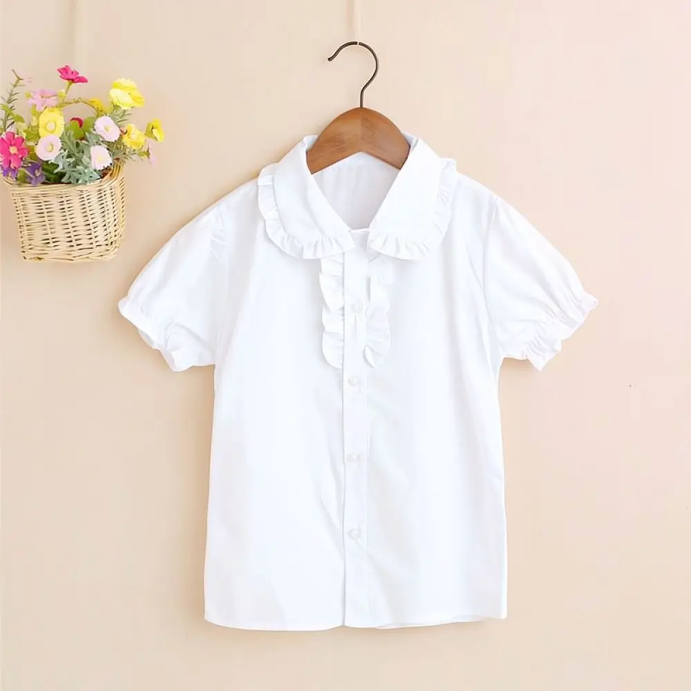 Kids White Blouse Girls Ruffle Short Sleeve Shirt Spring Summer Elegant Tops Children Minimalist Style Daily Outfit