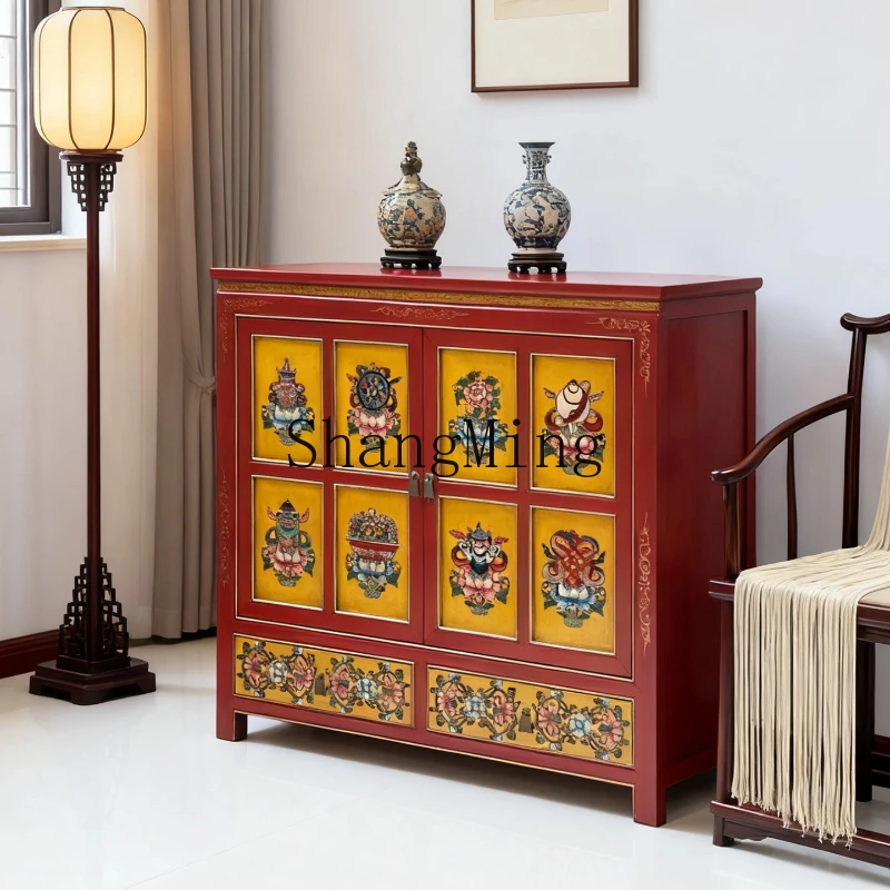 

ZYY solid wood painted dining side tea cabinet retro old storage entrance cabinet integrated cabinet against the wall