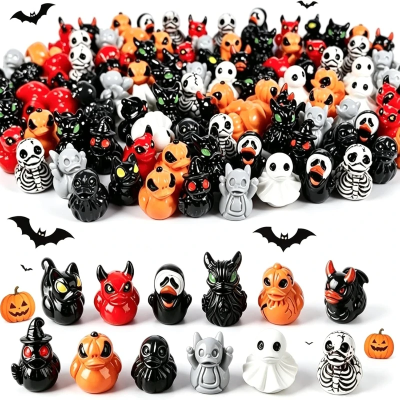 48Pcs Spooky Mini Duck Ornaments, Skeleton & Black Demon Duck Figurines, Cute Halloween Decor for Desk Garden Gift