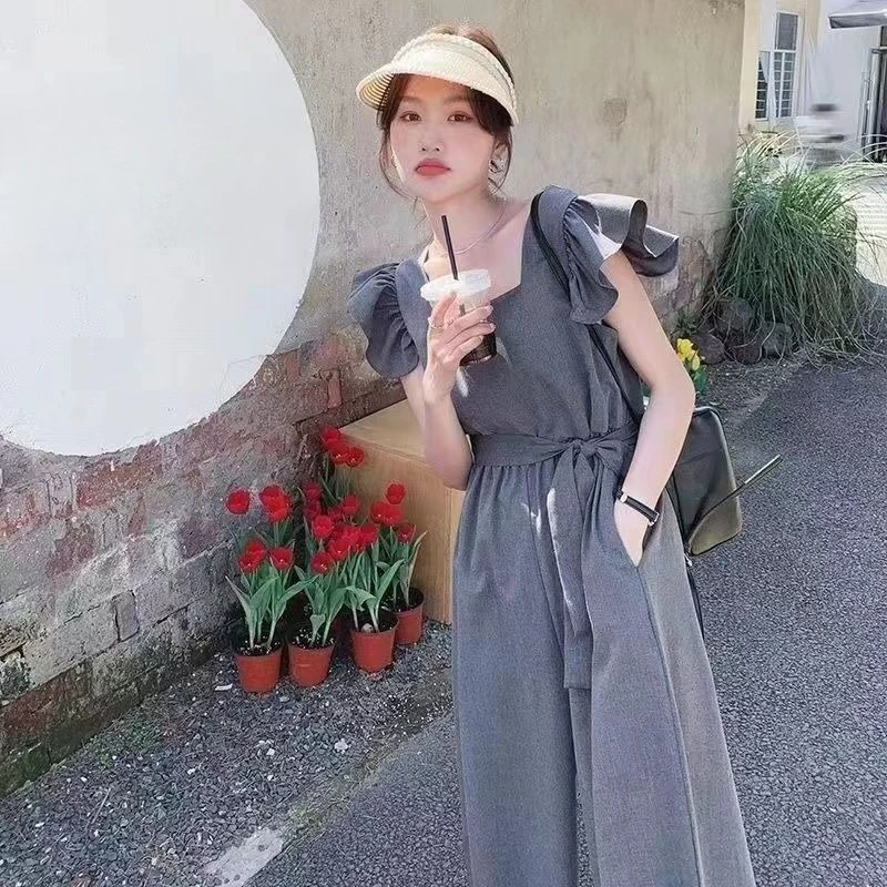 

Серый женский летний комбинезон с рукавами-крылышками, широкими штанинами, легкий, дышащий, приталенный, повседневный, шикарный