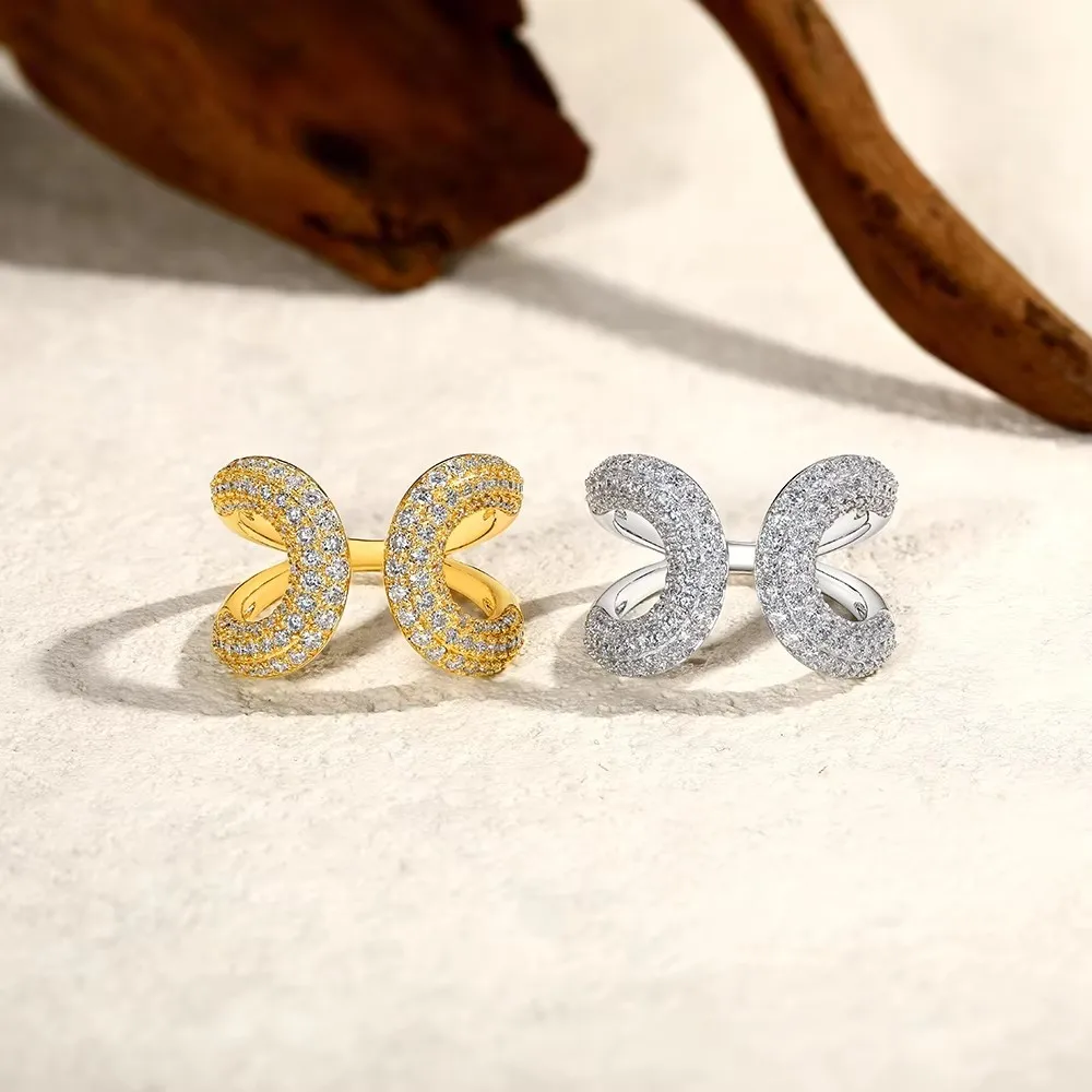 Women's Adjustable Pave CZ Sparkling Open Ring, Silver & Gold Options