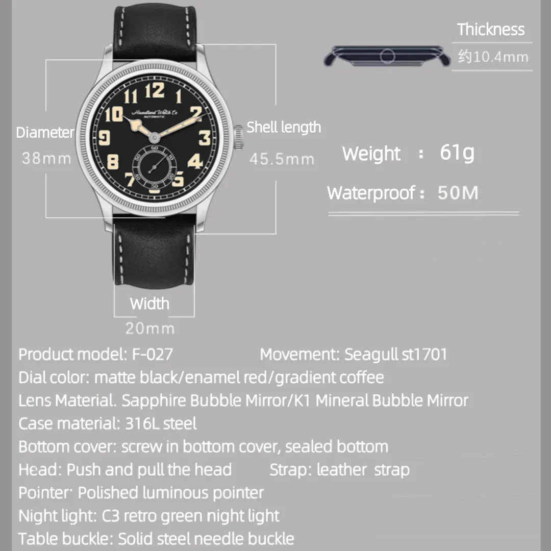 Hruodland New Men Automatic Mechanical Watch Seagull ST1701 Retro Pilot Sapphire Glass Stainless Steel Leather Reloj Hombre