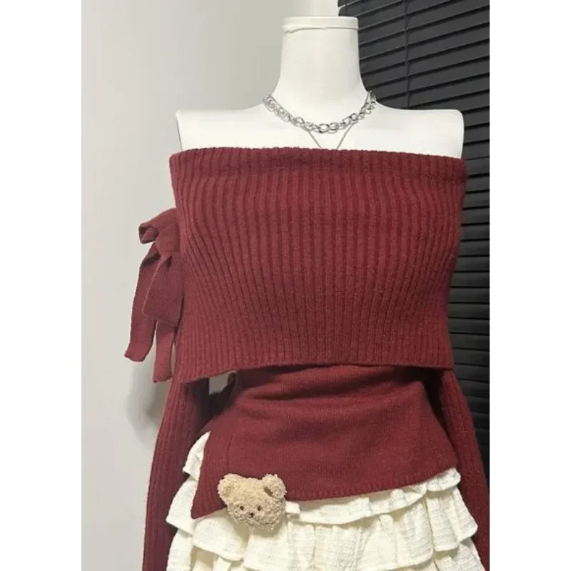 Autumn Winter Solid Sexy Skirt Set Women Korean Fashion Slash Neck Vintage Elegant Bow Sweater A-line Cake Skirts Two-Piece Sets