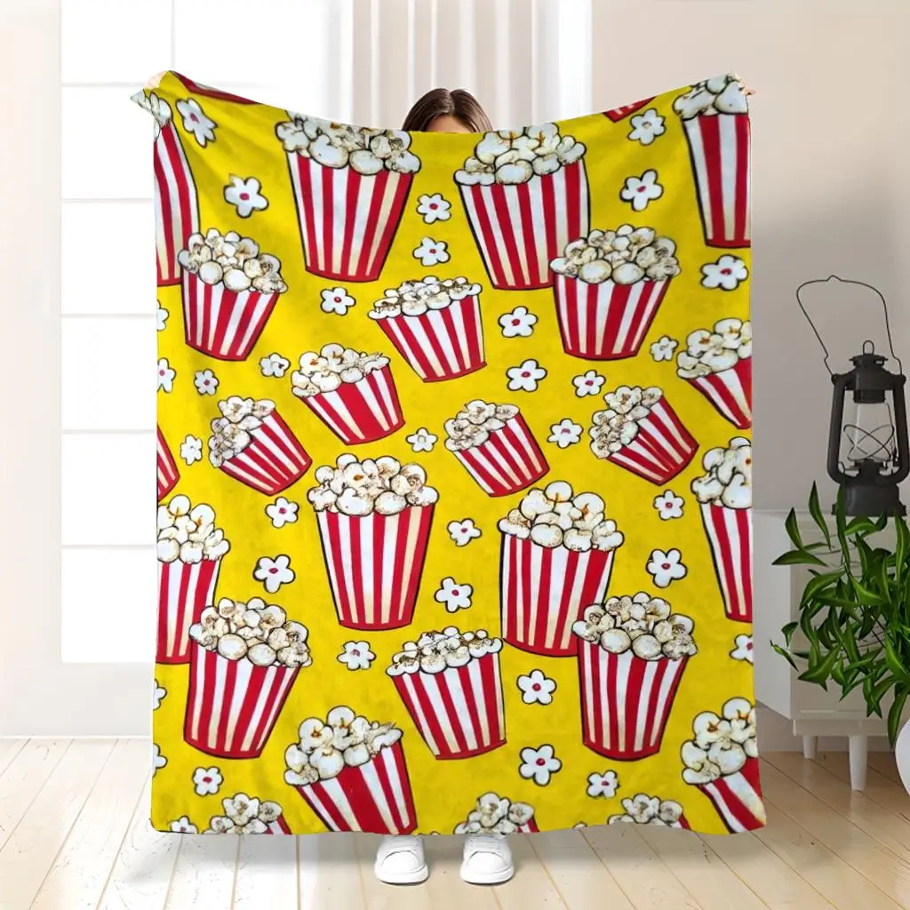 Funny Popcorn Bucket Cartoon Snack Yellow Background Pattern Flannel Blanket Warm Cozy Printed Throw Blanket for Living Room