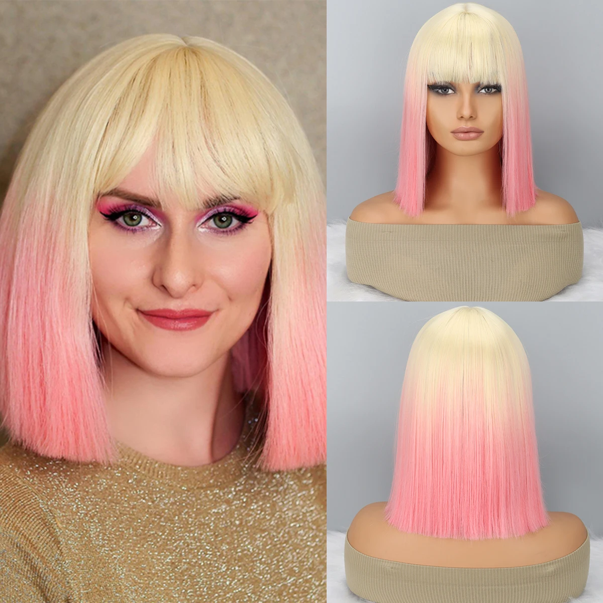 

Золотисто-розовый парик Боб с челкой, короткий золотисто-розовый парик для женщин, прямые парики Боб, термостойкий синтетический парик Mia Wallace Cleop