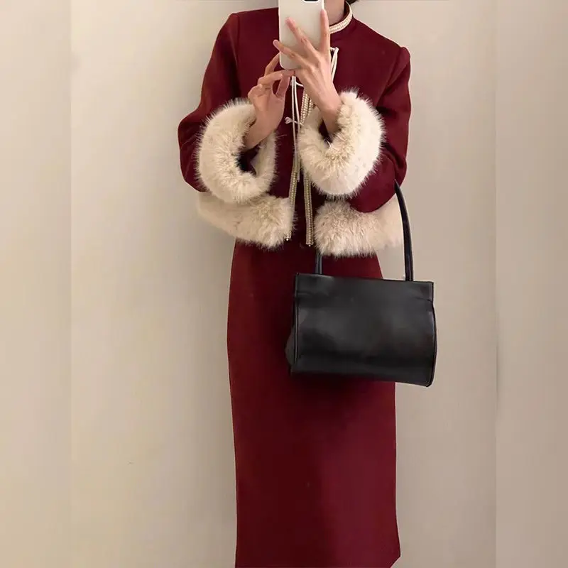 Christmas New Year Red Small Fragrant Two Piece Skirt Set Woolen Fur Coat With Long Skirt Two-piece Dress Set for Dressing