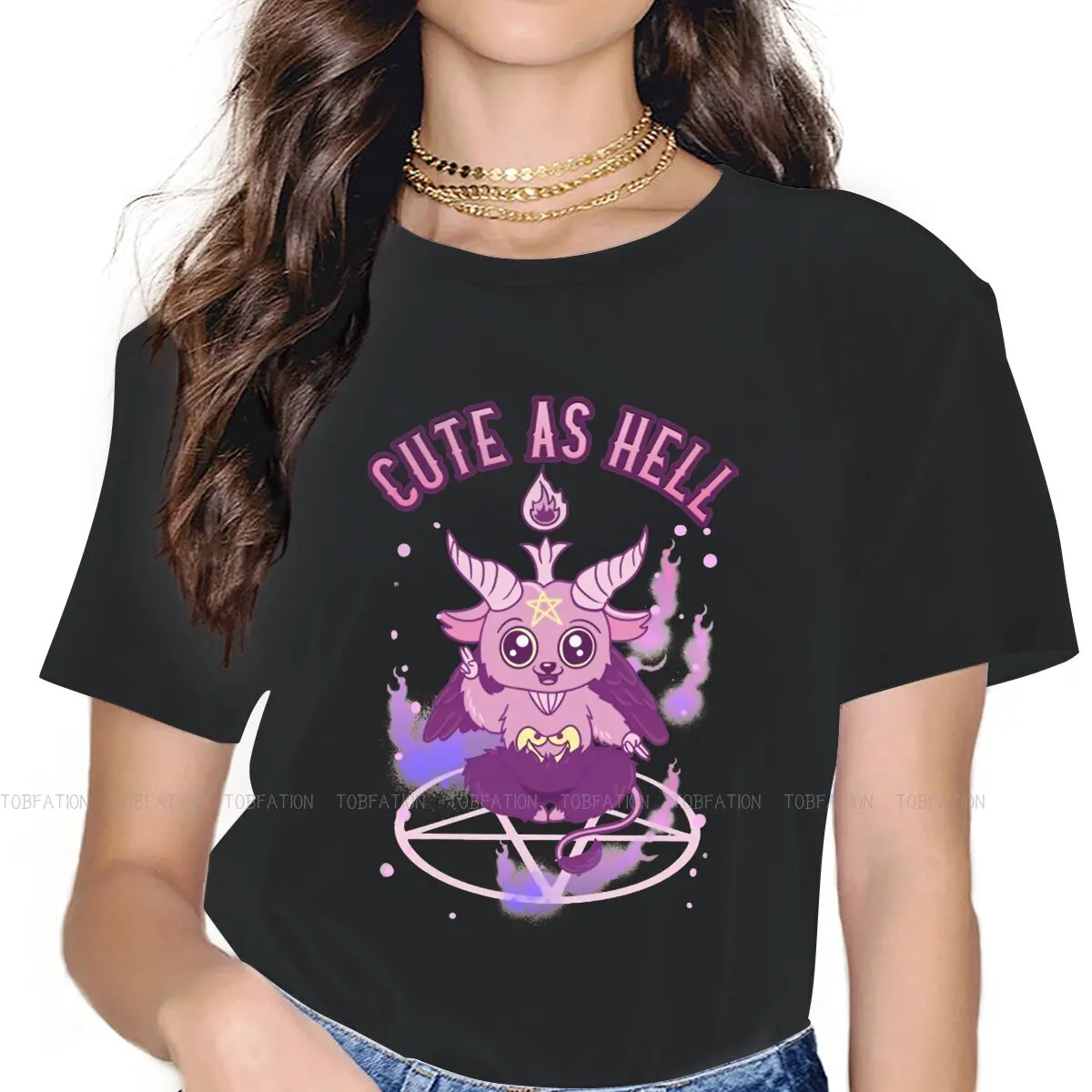 Cute As Hell Anime Kawaii Pastel Goth Pun Classic Women's T Shirt Baphomet Art Girls Tees Kawaii Cotton Tops Basic Tshirt Loose