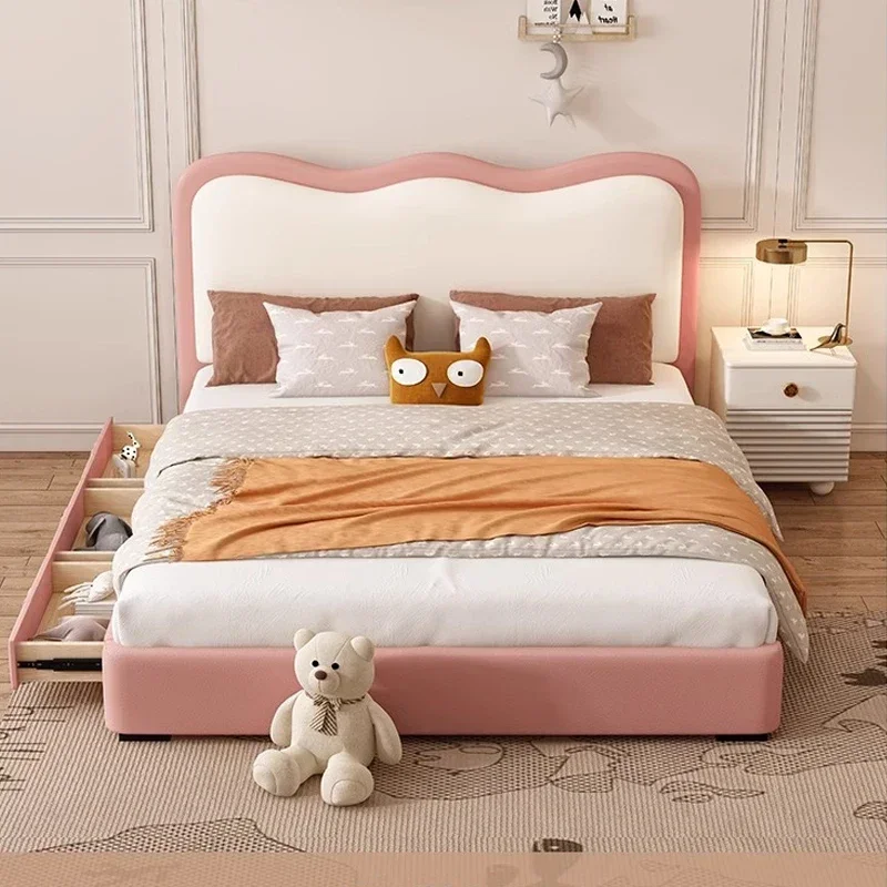 French cream style, children's pink princess, light luxury modern girl children, bedroom single leather bed