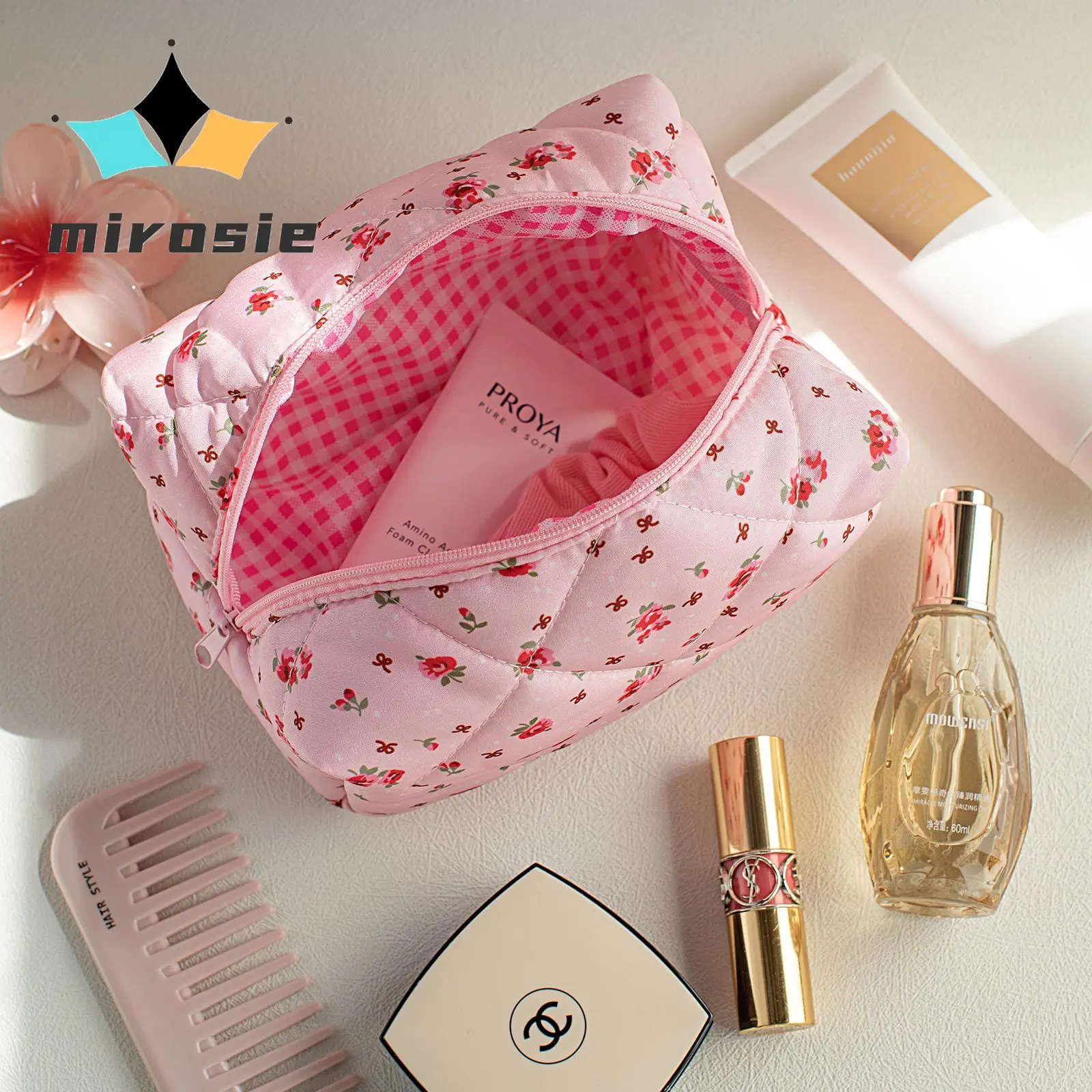 MIROSIE Fashion Floral Makeup Bag Cherry Travel Portable Large Capacity Wash Bag Cosmetic Skin Care Product Storage Bag Pouch