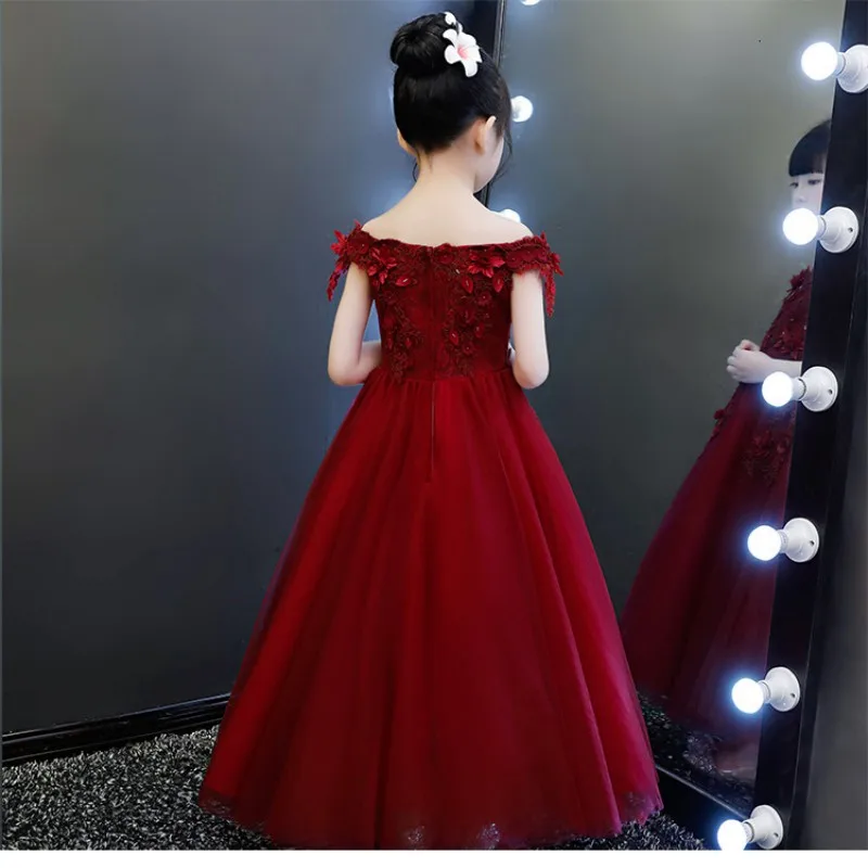 New Girl Wedding Dress Elegant Red Lace Shoulderless First communion Dresses Girl Party Princess Flower Girl Vestidos