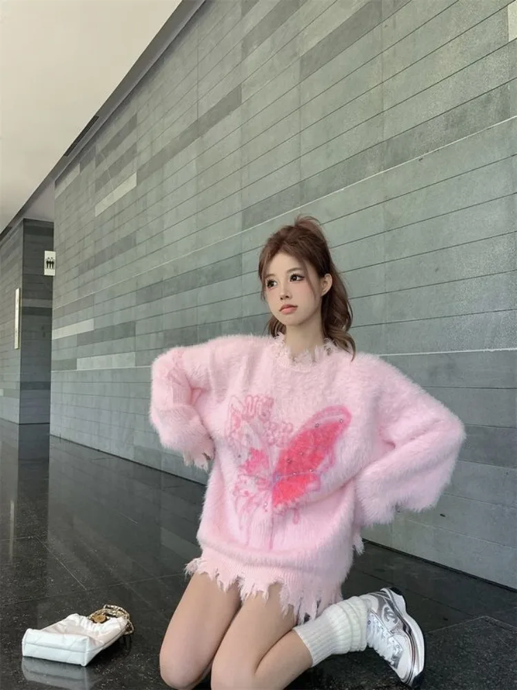 QWEEK Y2k Coquette Butterfly Sweater Women 2024 Autumn Winter Fashion Knit Knitted Japanese Harajuku Kawaii Cute Pullovers Tops