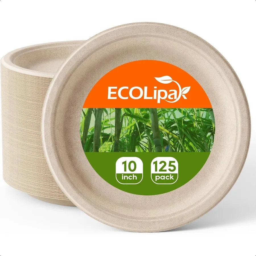 

100 Compostable 10 Inch Paper Plates 125 Pack Heavy Duty Biodegradable Ecofriendly Sugarcane Bagasse Plates for Dinner Party