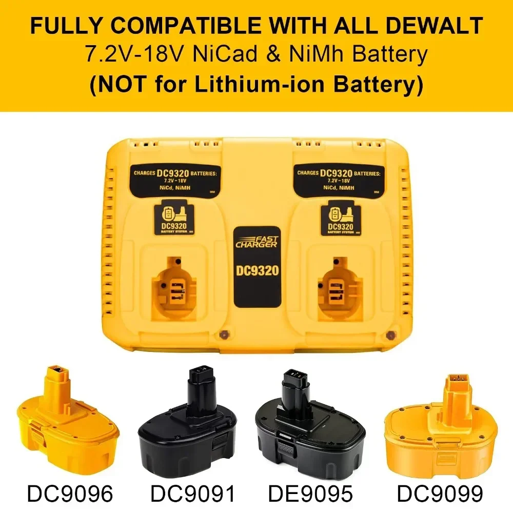 DC9320 Battery Charger Portable Rapid Charger Dual-Port Charging Station Compatible with For Dewalt 7.2V-18V NiCd/NiMH Batteries