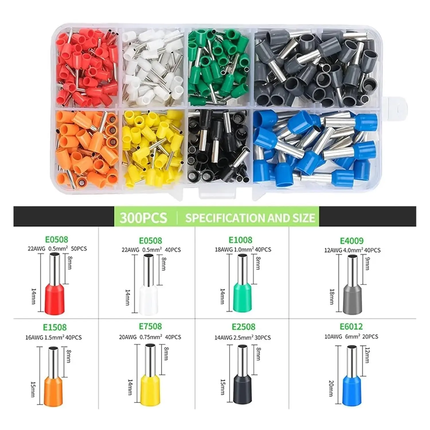 300-teiliges Sortiment Aderendhülsen-Draht-Kupfer-Crimpverbinder, Kabelklemmen-Set, Nylon-isolierte Kabel-Pin-Endklemme AWG 22-10 Kit