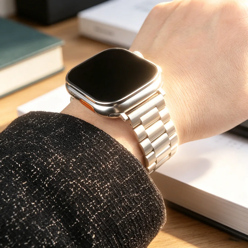 Solid Three Beads Stainless Steel Band for Apple Watch 49mm 46mm 45mm 44mm 42mm 41 40 mm Strap iWatch Ultra SE 11 10 9 8 7 6 5 4