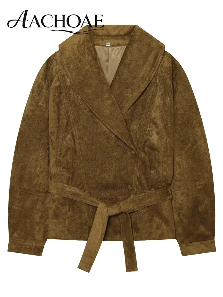 AACHOAE Women Vintage Faux Suede Jacket Elegant Shawl Collar Belted Waist Long Sleeve Cropped Coat Casual Fashion Outerwear