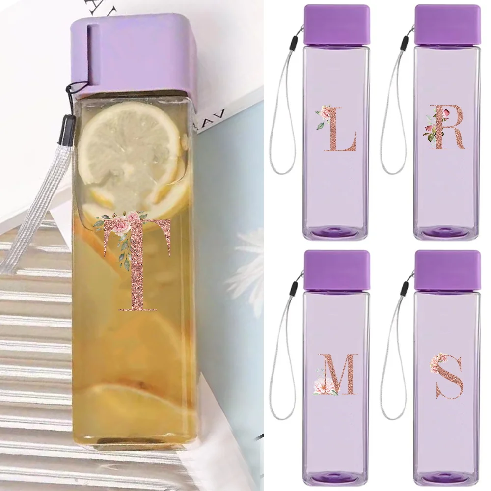 

Purple Transparent Water Bottle With Lanyard Plastic Cup For Daily Drinking & Outdoor Activities Rose Gold Pattern