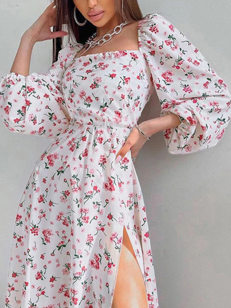 2023 New Floral Print Backless Midi Dress Women Sleeve Lantern Sleeve High Split Lady Elegant Square Collar Casual Long Dress