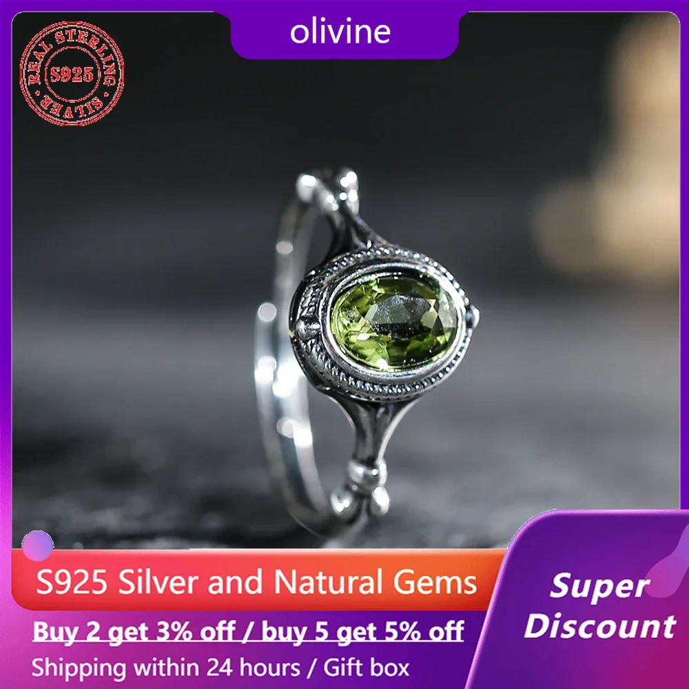 S925 Silver Natural Ore Jade Olivine Women's Ring Jewelry Fashion Exquisite Women's Open Ring Sparkling Wedding Gift Accessories