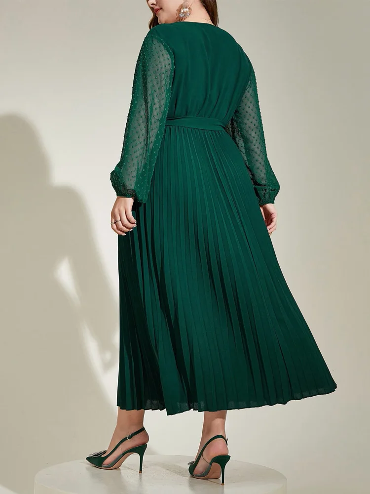 GIBSIE Plus Size Swiss Dot Mesh Sleeve Belted Dress Women 2026 Spring New Contrast Lace V-Neck Big Swing Pleated Long Dresses