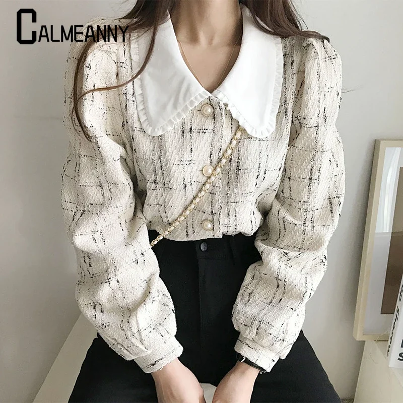 

2025 Autumn Women Coats Plaid Korean Edition Versatile Casual Loose Chic Peter Pan Collar Elegant Retro Puff Sleeve Jackets