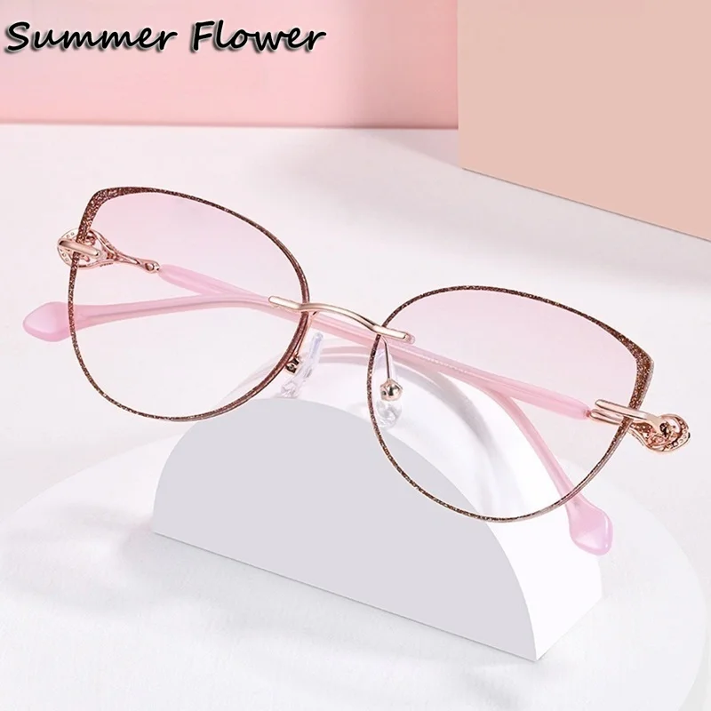 

Women Cat Eye Rimless Eyeglass Titanium Gradient Color Lens Elegant Prescription Glasses Lady Diamonds Glasses Transparent Glass