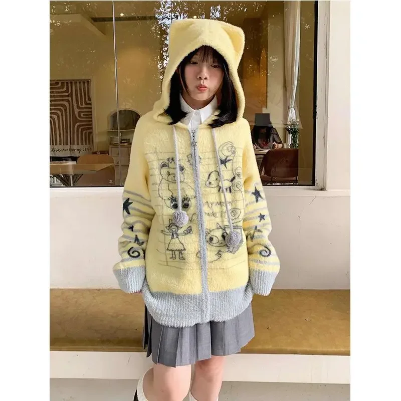 Y2k Only Cartoon Bear Jacquard Hoodie Cardigan Women Casual Kawaii Ears Hooded Knit Top Harajuku Retro Loose Sweater