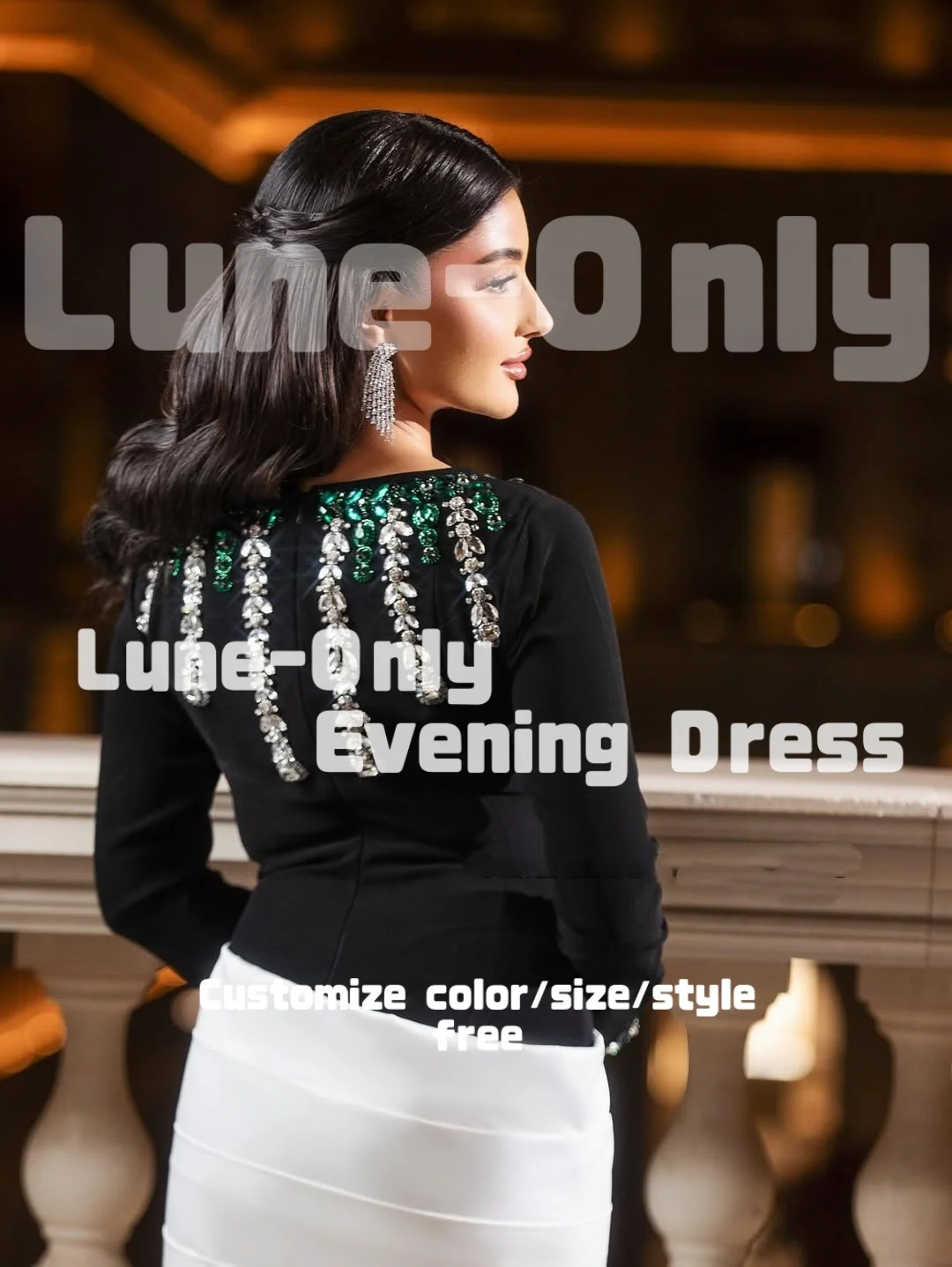 カスタマイズされた黒白長袖高級イブニングドレスグリーンシルバークリスタルエレガントなパーティードレスマーメイドフォーマルドレス