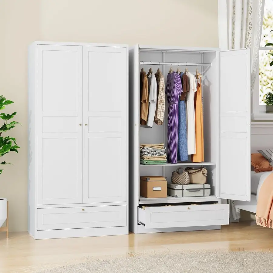 

Wardrobe Closet Cabinet,White Armoire Wardrobe Closets Storage Cabinets with Drawer,Metal Storage Cabinet with Doors and Shelves