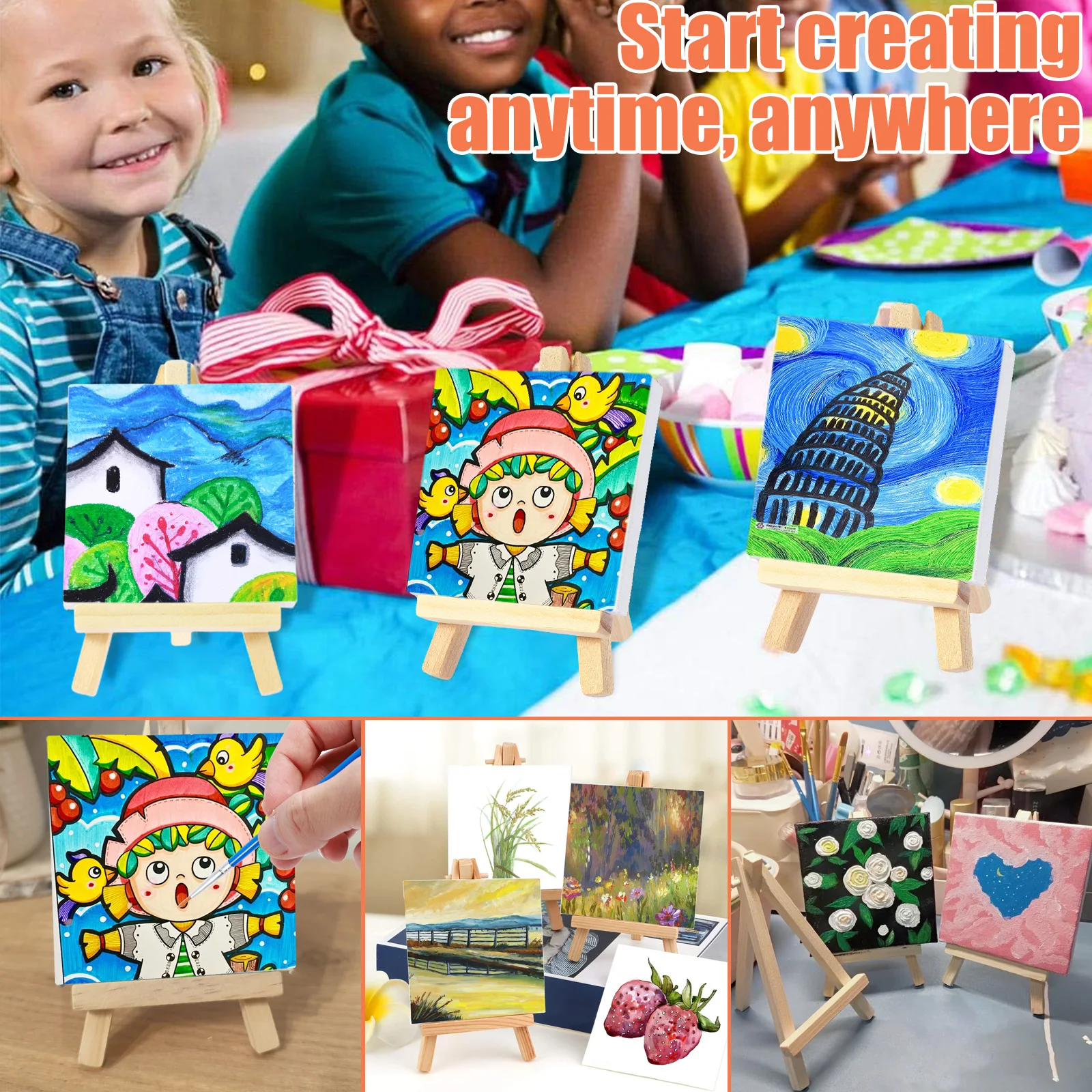 34Pcs Mini Canvas and Easel Set with Acrylic Paint Palettes Paintbrushes Mini Canvas Painting Kit Creative Small Painting Canvas