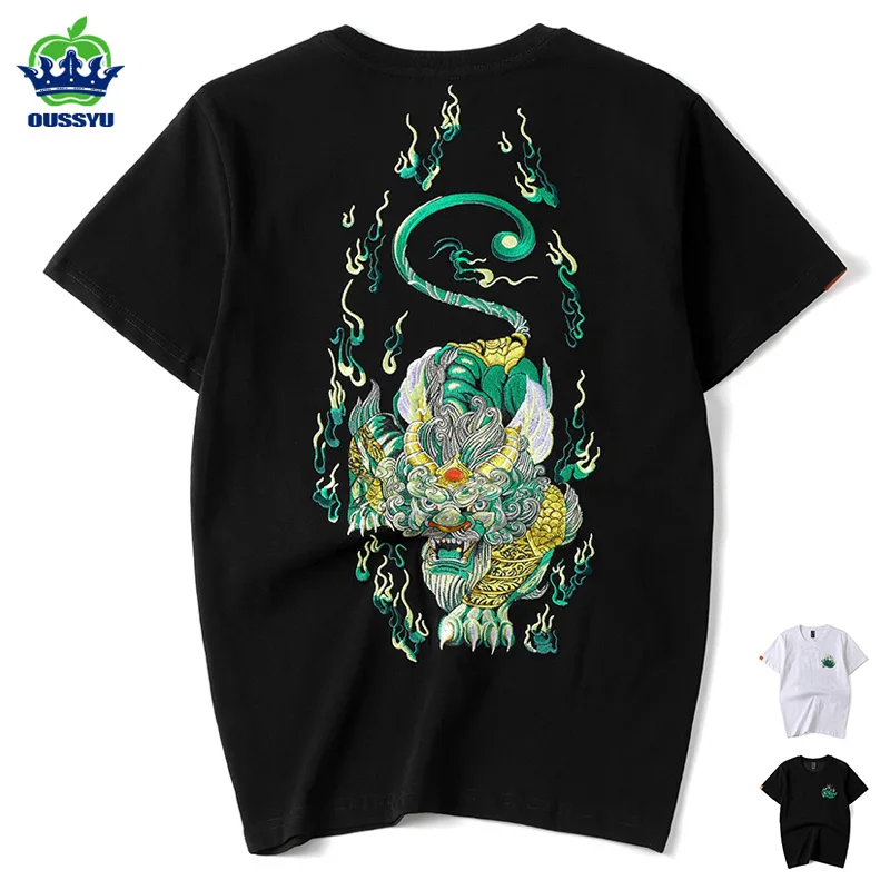

High Quality Summer Embroidery Unicorn Kylin Lion Men's T-shirt 100%Cotton Hip-Hop Harajuku Loose Short-Sleeved Tops Male M-4XL