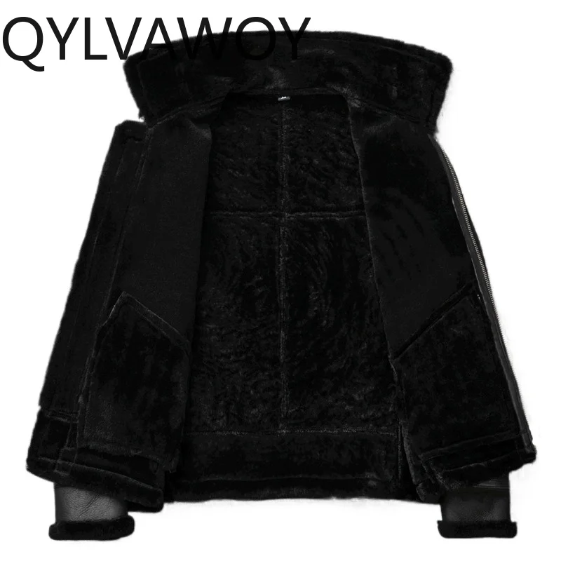 QYLVAWOY High Quality Genuine Sheepskin Leather Jacket Men Real Lamb Wool Fur Coat Man Vintage Classic Warm Fur Coats Jackets