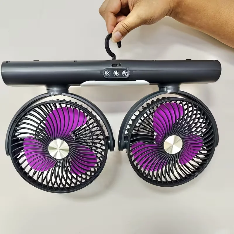 Dual-Head Circulation Fan Modern Wall Mount 3-Speed Independent Control 360 Rotation LED Light for Home Office Desk