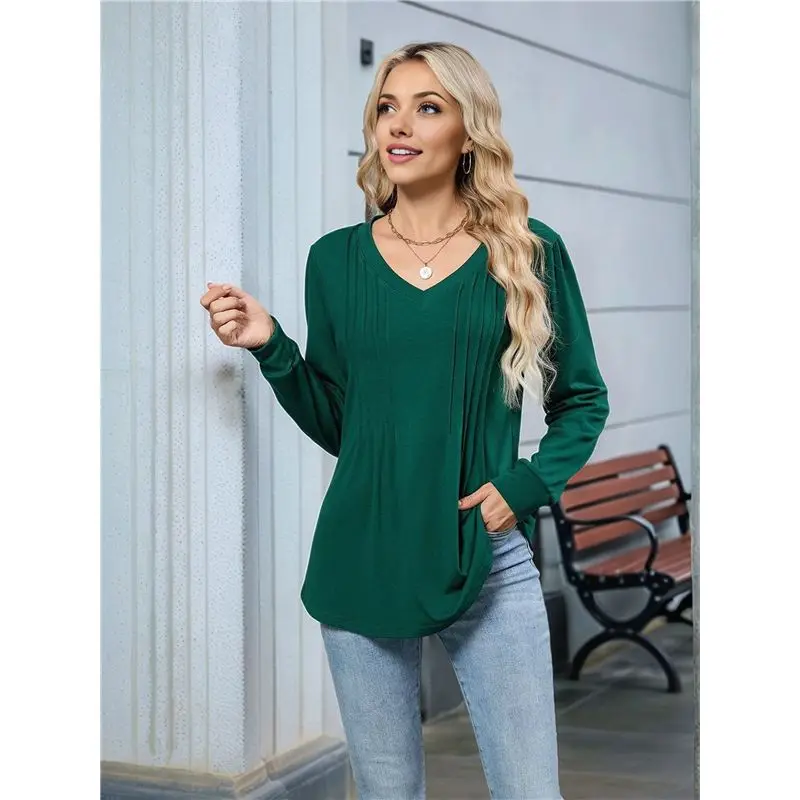 CYL-المرأة نفخة قمصان طويلة الأكمام مطوي الخامس الرقبة الخريف تونك القمم بلوزة متأنق عادية فضفاض الصيف تي شيرت